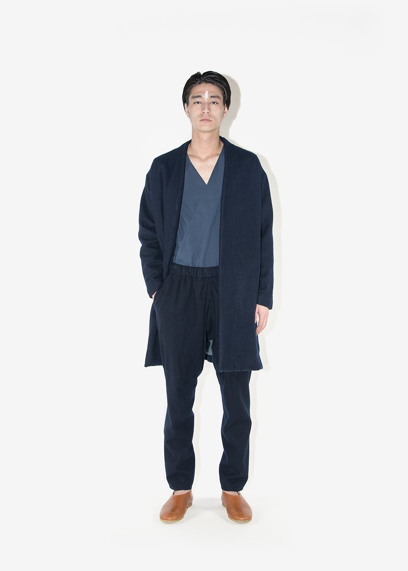 49. Herbal dyed pure woolen coat, work pants and organic cotton sweatshirtMade of 100% pure sheep's light melton jacket and work pants. The color comes from a logwood herbal dye. The sweat shirt is made from organic cotton flannel fleece lined sweat fabric.