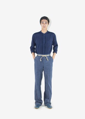 65. Organic cotton french twill shirt - Ryukyu inidigoRyukyu-indigo dyed deep oceanic blue. Worn with natural indigo dyed denim slacks.