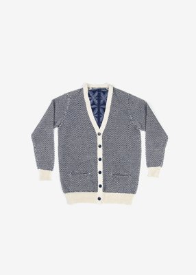 73. Flower of Life Kurume-kasuri cardigan - natural indigoHand-loomed Kurume-kasuri textile with symbolic Flower of Life motif. The Kasuri is made from organic cotton. Composed with hemp knitting. Comes in natural indigo, gray and beige.