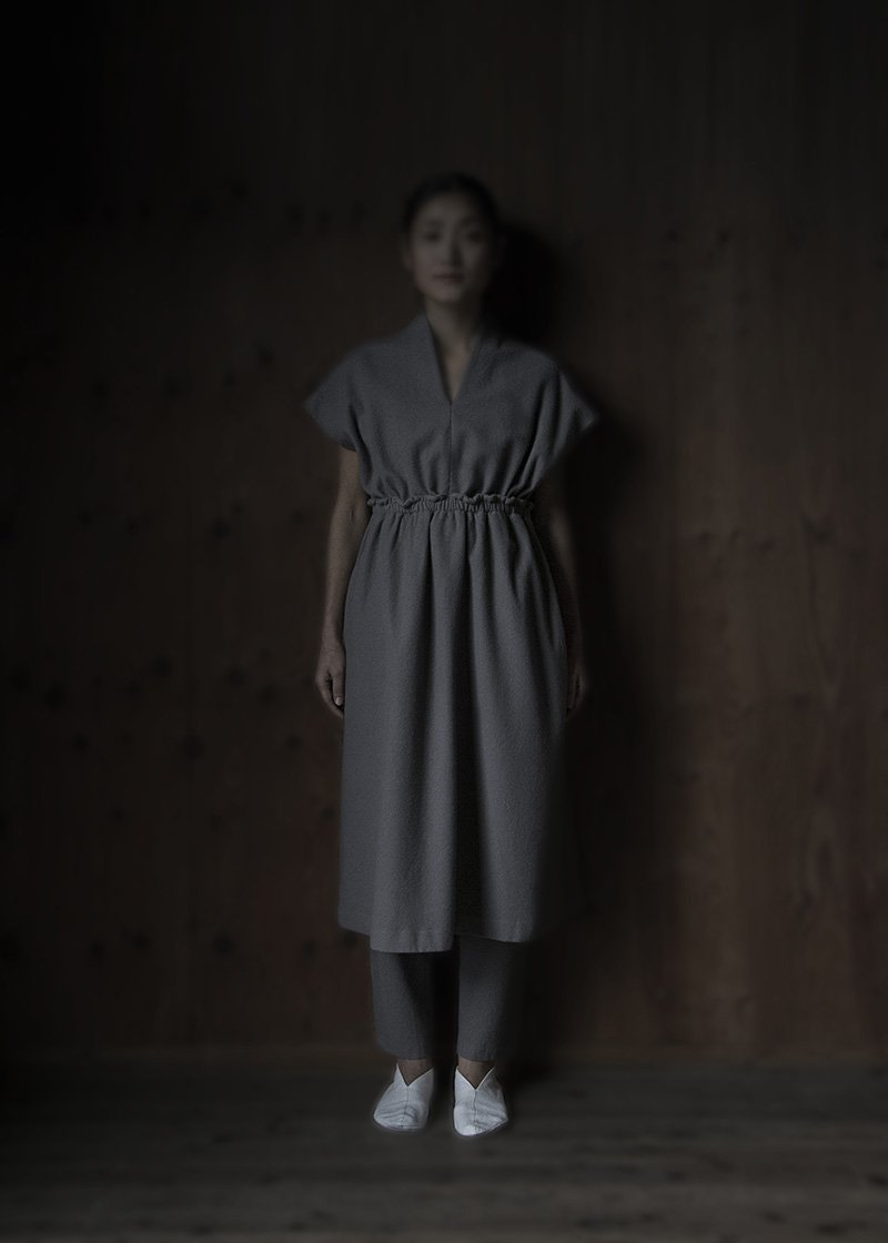 33. Herbal dyed pure woolen dress | grayMade from 100% pure sheep's light melton. With 100% linen lining. Colors are produced with herbal dyes ; logwood for black, areca catechu for gray, and pomegranate for brown.