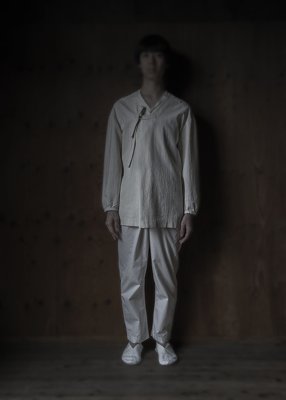 36. Organic farming hand-spun cotton shirt | natural, Organic cotton wrapped pants | naturalThe cotton used for the collection is hand-spun, producing a soft and plush organic cotton fabric. Woven slowly with a shuttle weaving machine. This method of weaving allows air to get inside the cotton during the weaving process. Comes in natural, black, lac herbal dyed red and Ryukyu indigo. Wrapped pants comes in natural, white, black, light beige, light gray, lac herbal dyed red and Ryukyu indigo.