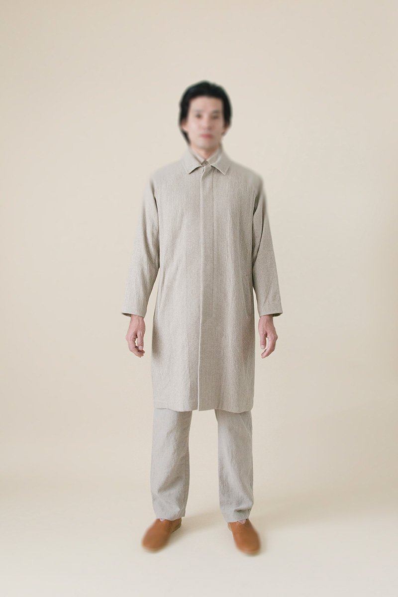 36. Kago-ori coat, Linen wrapped pantsCoat woven cotton fabric involving classical Japanese Kagome patterns. Woven with an antique dobby weaving machine. Wrapped pants made from fine belgian linen fabric.