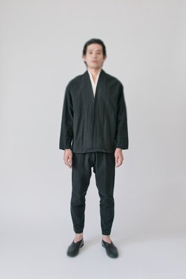15.Hand-spun cotton haori, Hand-spun cotton monpe pantsThe cotton used for the collection are cultivated with organic farming methods. It was hand-spun, and producing a soft and plush fabric. Woven slowly with a shuttle weaving machine.