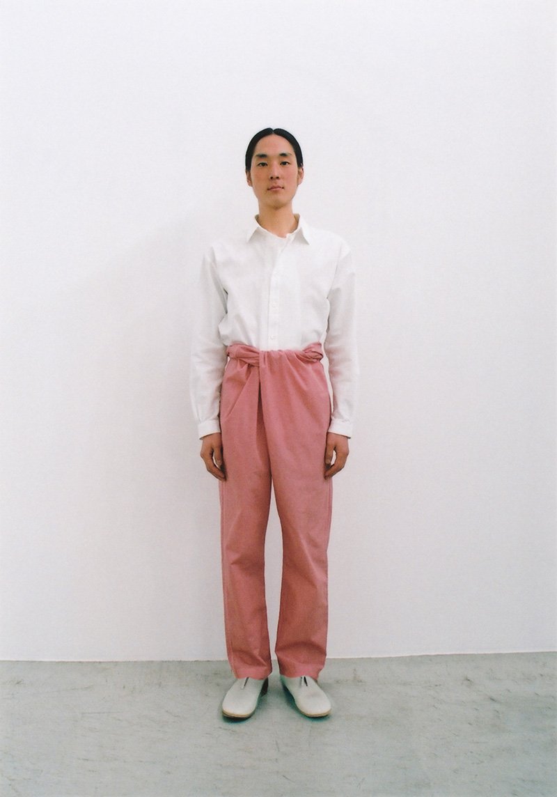 51.Organic cotton white pullover shirt, Organic cotton wrapped pantsShirt made from organic cotton, Dyed in red grape with pink wrapped pants.