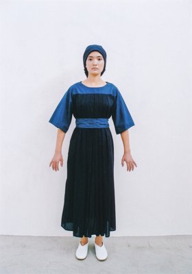 Organic cotton precious Ryukyu indigo dyed front tuck dress
