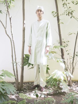 29 Organic cotton Haori jacket, Organic cotton pojagi folk shirts, Organic cotton wrapped pantsHaori Jacket is made from organic cotton broad. Gardenia blue herbal dyed jade.