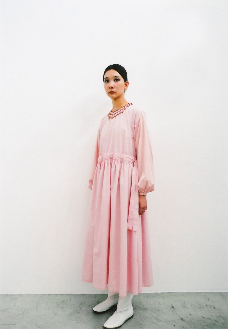Organic cotton lac herbal dyed rose aura colored meditation monastery dress, Necklace by Yasuhide Ono
