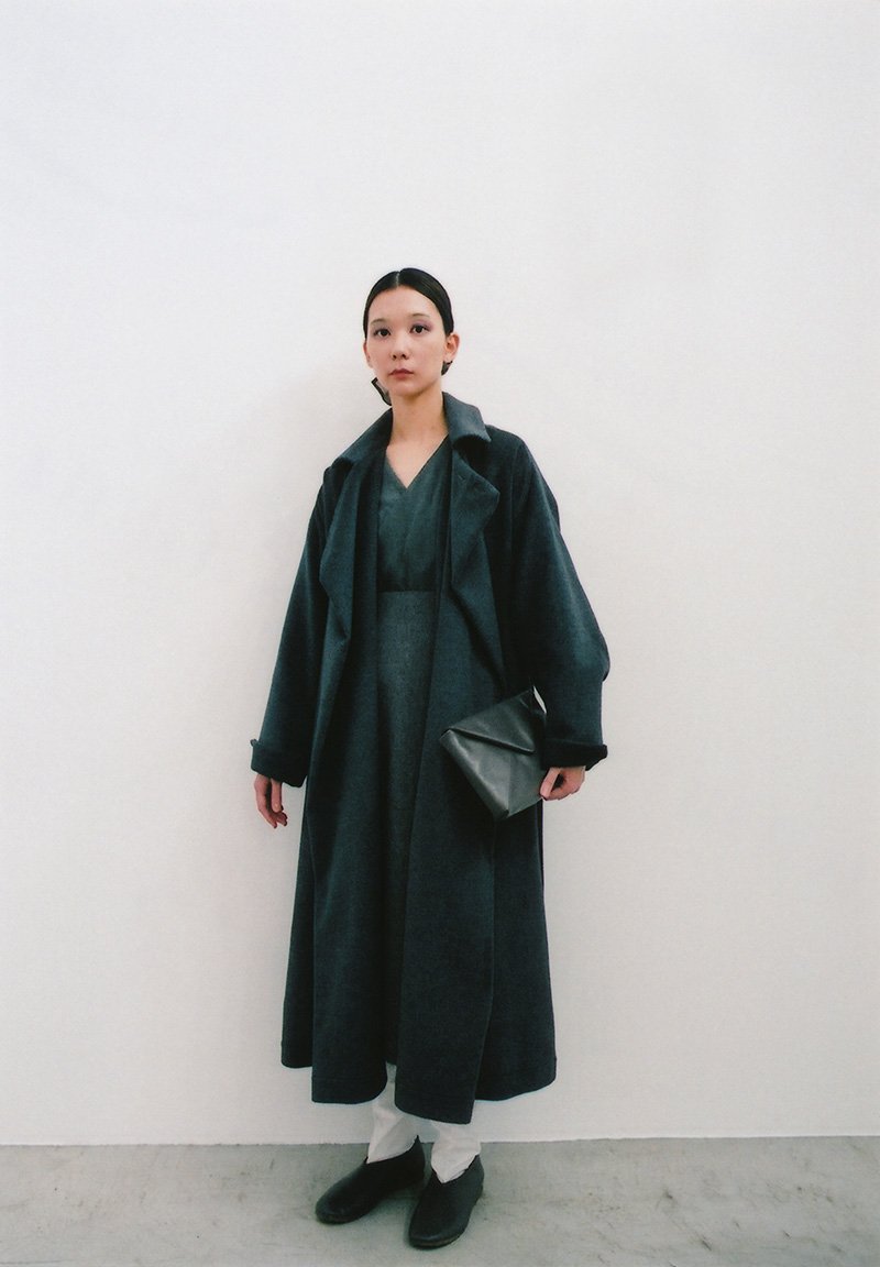Angola beaver robe coat, Ancient folk ramie linen wool kimono shirt and Ancient folk wool skirt, Naturally tanned leather letter clutch