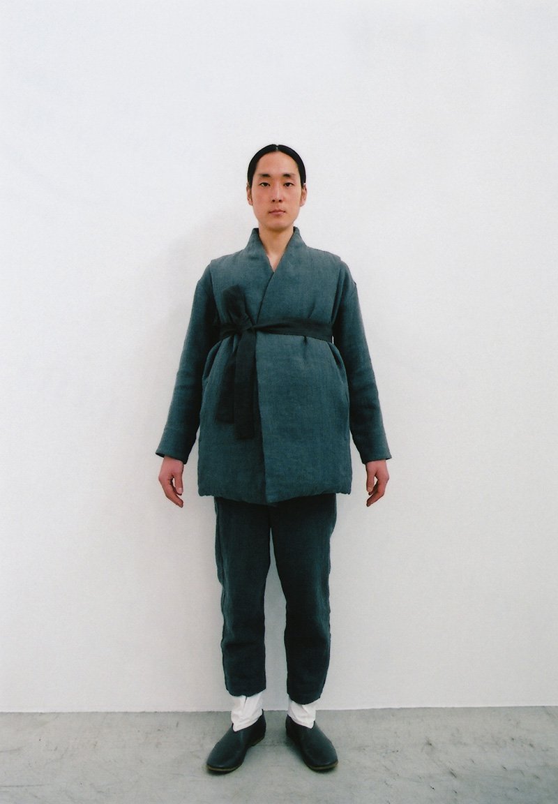 Beautiful folk down haori vest, Ancient folk ramie linen wool kimono shirt and wrapped pants