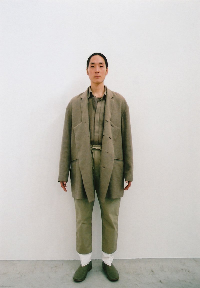 Ancient folk ramie linen wool jacket and scarf shirt, Ancient mythic cotton obi pants, Light leather first fork shoes
