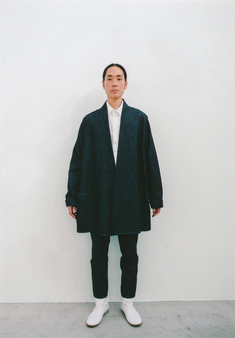 Organic cotton indigo denim haori jacket and gathered pants, Organic cotton white colored shirt