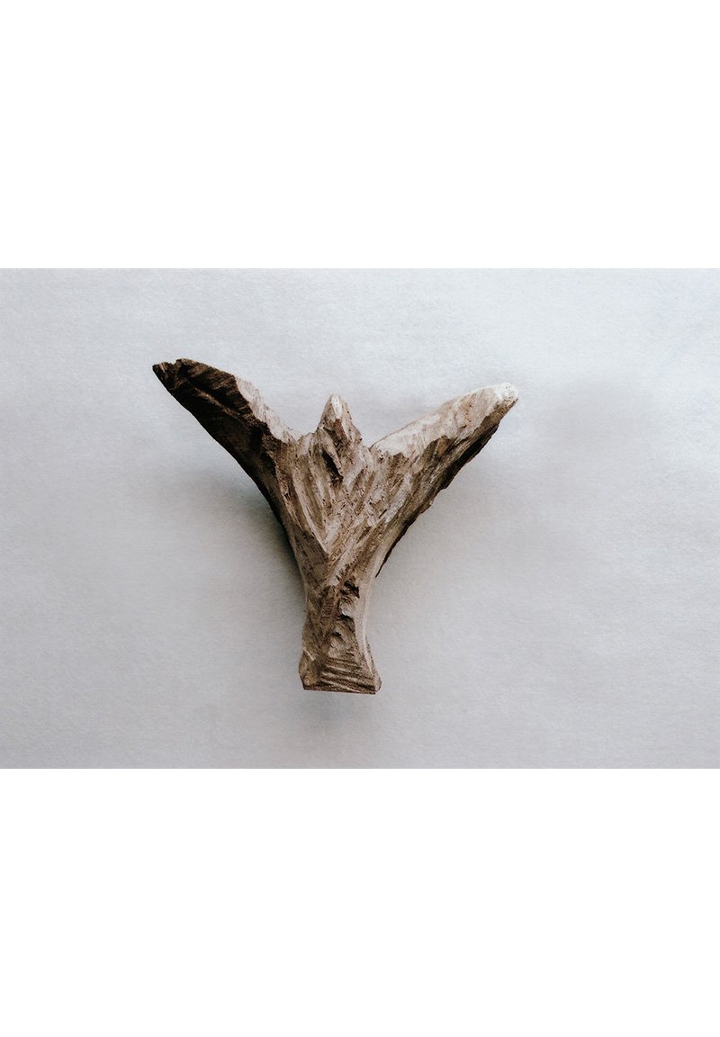 Hiroki Tashiro “Angelus #1” 2019 Camphor tree 210×190×60 One day, Yukinori Maeda appears in the atelier of Hiroki Tashiro, and picks up the work rolled on the floor. Angelus series which began with what Maeda muttered as “Looks like an angel”. The origin of the word “Angel” is Greek, Angelus for “Messenger”. When Tashiro feels to making work, a sense of touching an image floating in the universe somewhere, between the presence of trees and the swaying image, superimposed on the angel, to express a form that resonates with the heart.