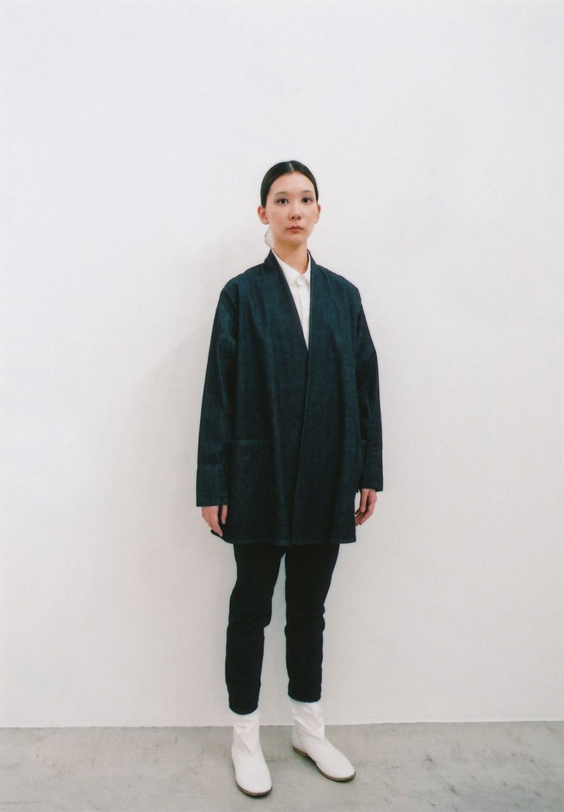 Organic cotton indigo denim haori jacket and gathered pants, Organic cotton white colored shirt
