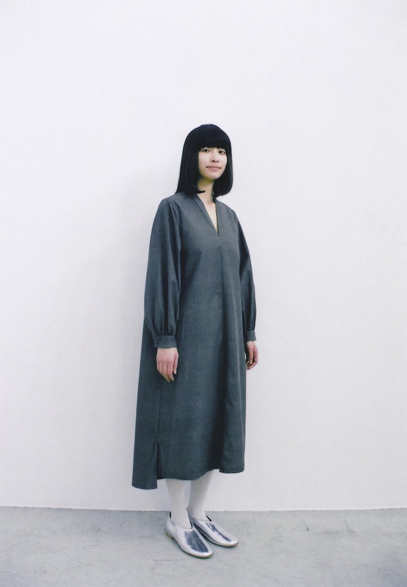 Beautiful Silk cotton sumi dyed v-necked dress