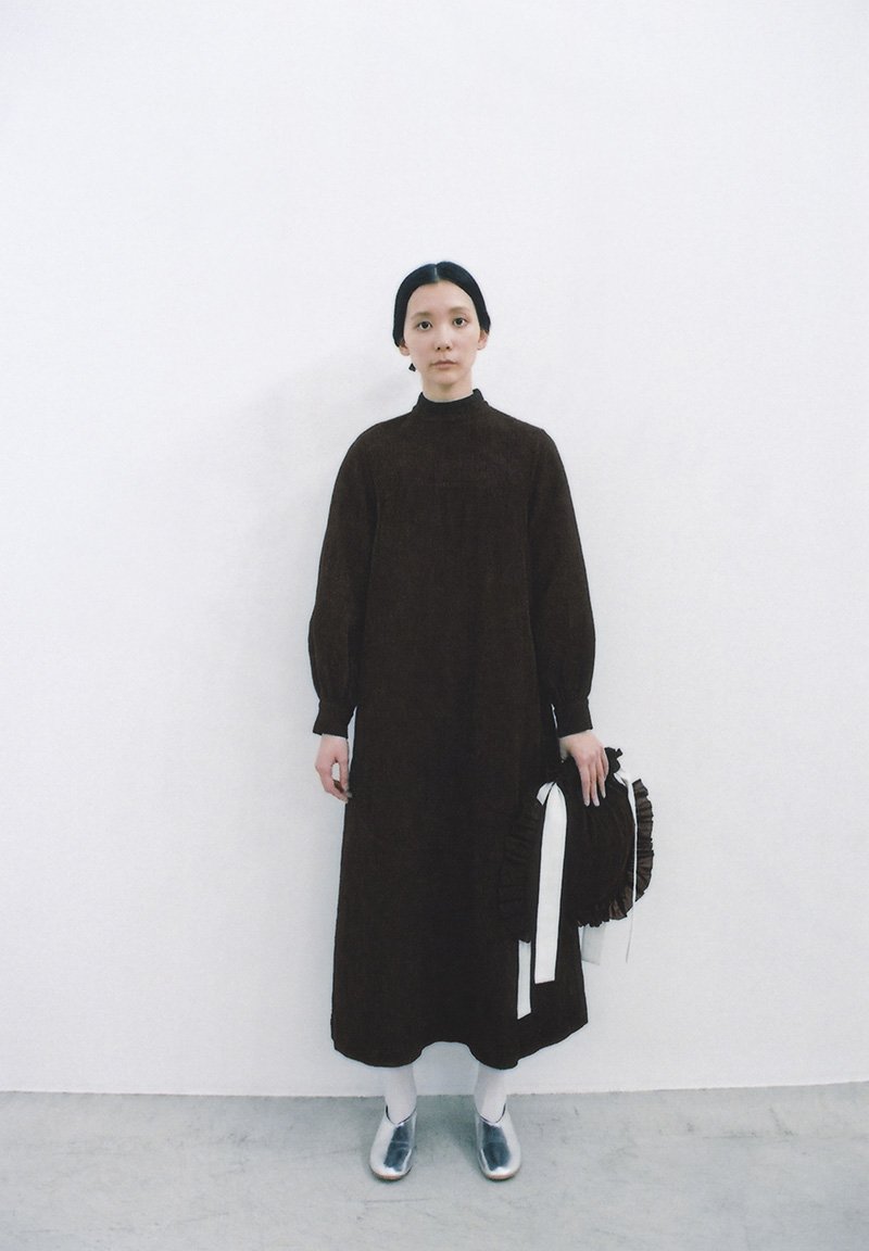 Flower of life Sashiko mud dyed earth soil colored long dress, Khadi drawstring frilled bag