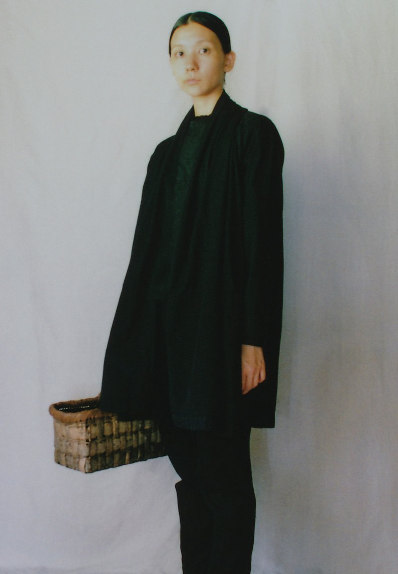 Organic cotton black colored haori, Japanese wing nut tree hand basket
