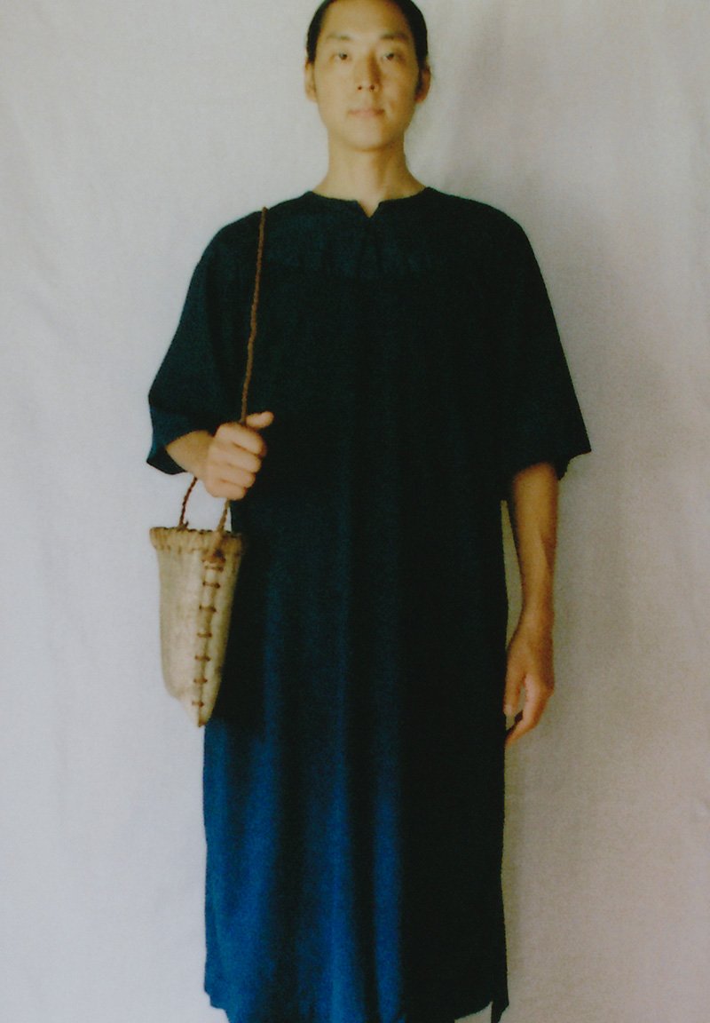 Organic cotton ryukyu indigo dyed t-shirt dress and wrapped pants, Japanese wing nut tree shoulder basket