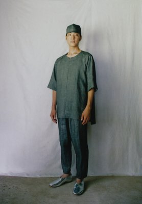 Linen Sumizome smock, tattsuke and cap