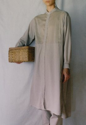 Organic cotton mud-dyed earthenware colored farmer shirt dress, Japanese wing nut tree document basket