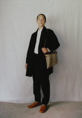 Organic cotton mud-dyed earth soil colored haori and tattuke, Japanese wing nut tree shoulder basket