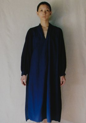 Silk cotton ryukyu indigo dyed v-necked dress