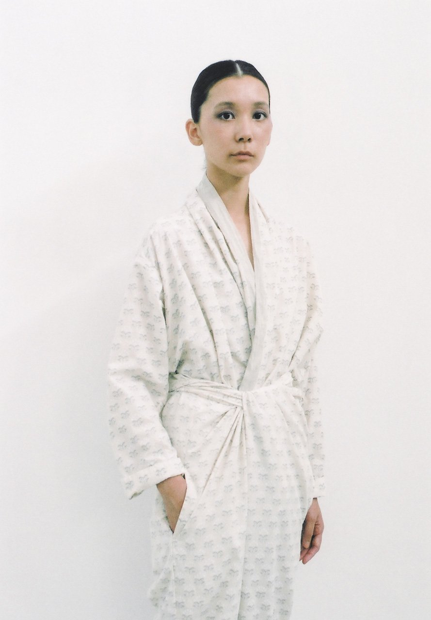 Khadi Cockscomb woodblock printing natural colored haori shirt and wrapped pants