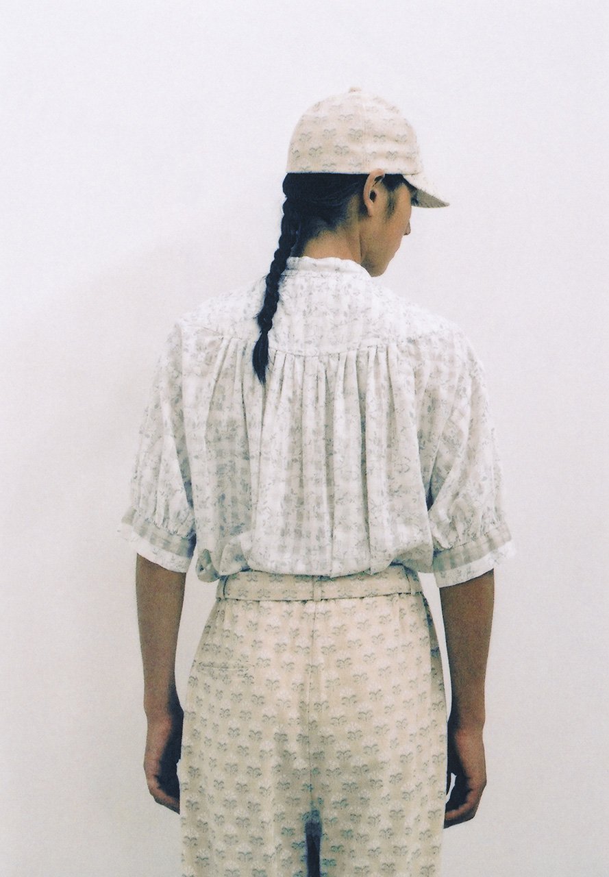 Khadi Nadeshiko woodblock printing white colored shirt, Khadi-canvas Cockscomb woodblock printing white colorednatural pants
