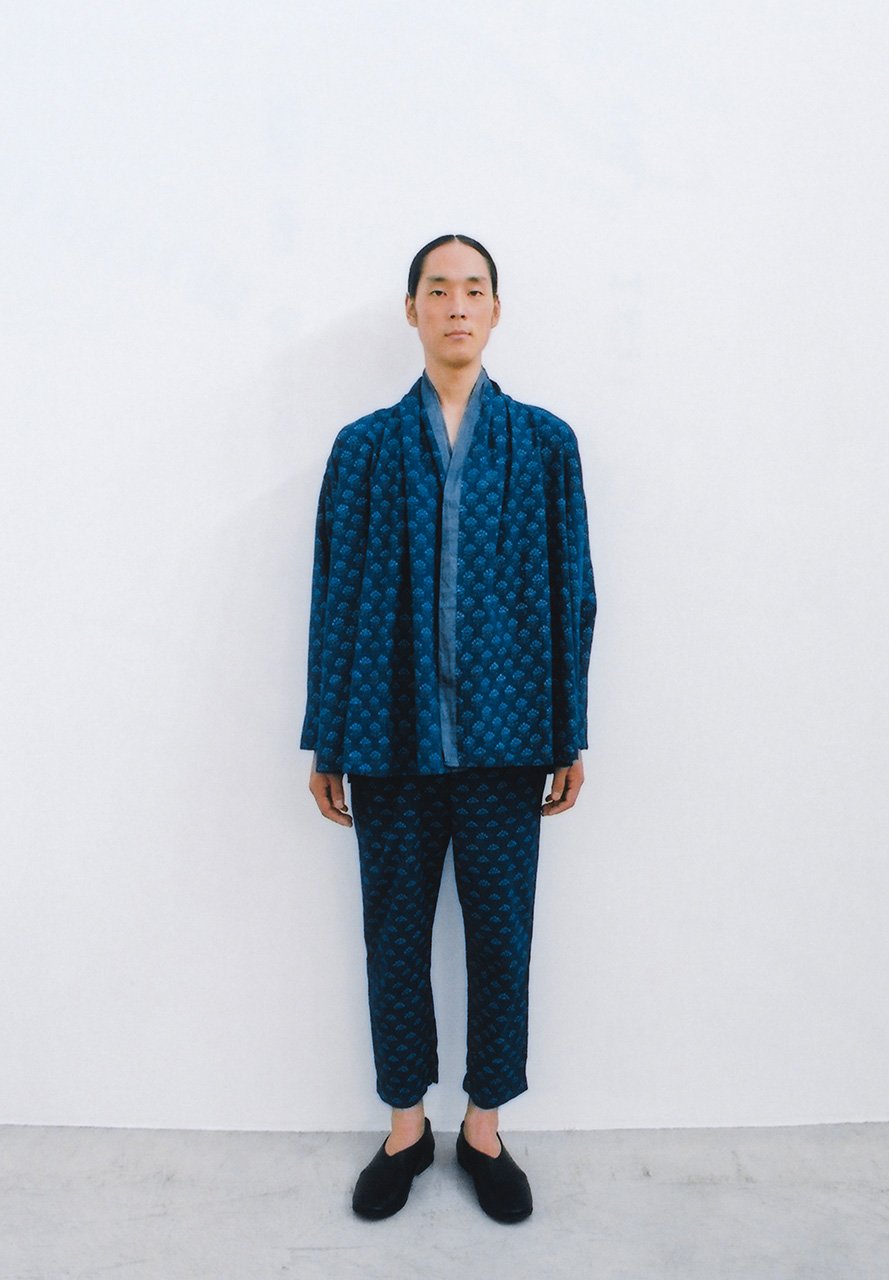 Khadi Cockscomb woodblock printing precious Ryukyu indigo dyed haori and wrapped pants