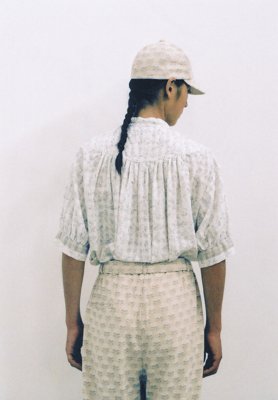 Khadi Nadeshiko woodblock printing white colored shirt, Khadi-canvas Cockscomb woodblock printing white colorednatural pants