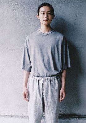 Beautiful organic cotton sumi-dyed light sumikuro colored t-shirt, Hemp cotton sashiko pants "Tattuke"