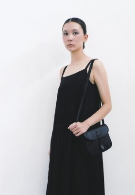 Beautiful light linen pin-tucked long slip dress, Naturally tanned leather shoulder bag