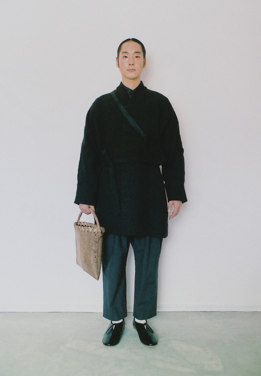 Linen canvas black colored haori, Organic cotton ancient soot colored farmer shirt and cotton broad wool fork pants