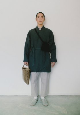 Linen canvas dark gray colored haori, Cotton broad wool shirt and Folk pants