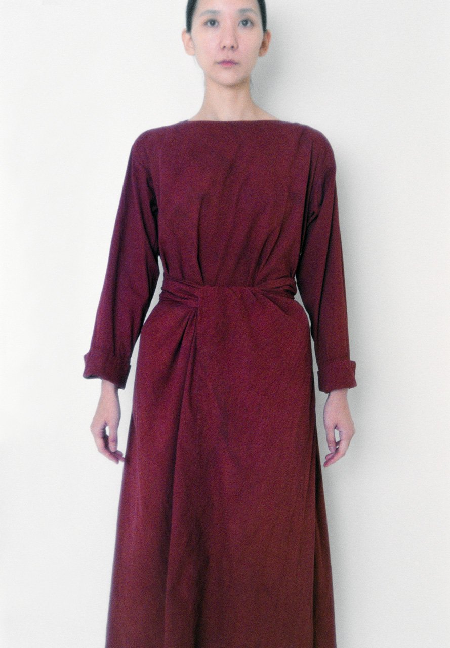 Organic cotton Sharinbai and cochineal dyed long sleeves wrapped dress