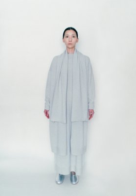 Light and warm light gray colored cashmere haori coat with long dress and scarf