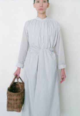 Organic cotton dawn colored shirt wrapped dress and Japanese wing nut hand basket