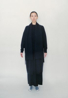 Light and warm gray colored cashmere haori coat with long dress and scarf