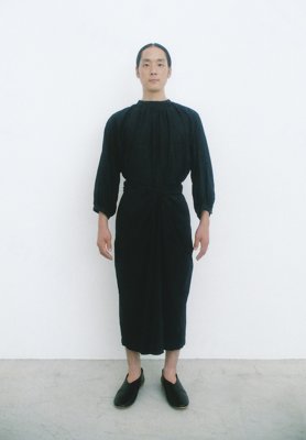Striped hand-woven silk-cotton sumi-yambaru indigo dyed dream shirt and wrapped culotte pants