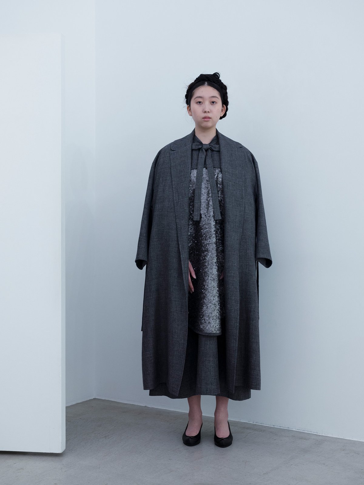 Linen wool sharkskin belted coat and Bowtie dress with circle sequin, Deerskin “koshin” folk pumps