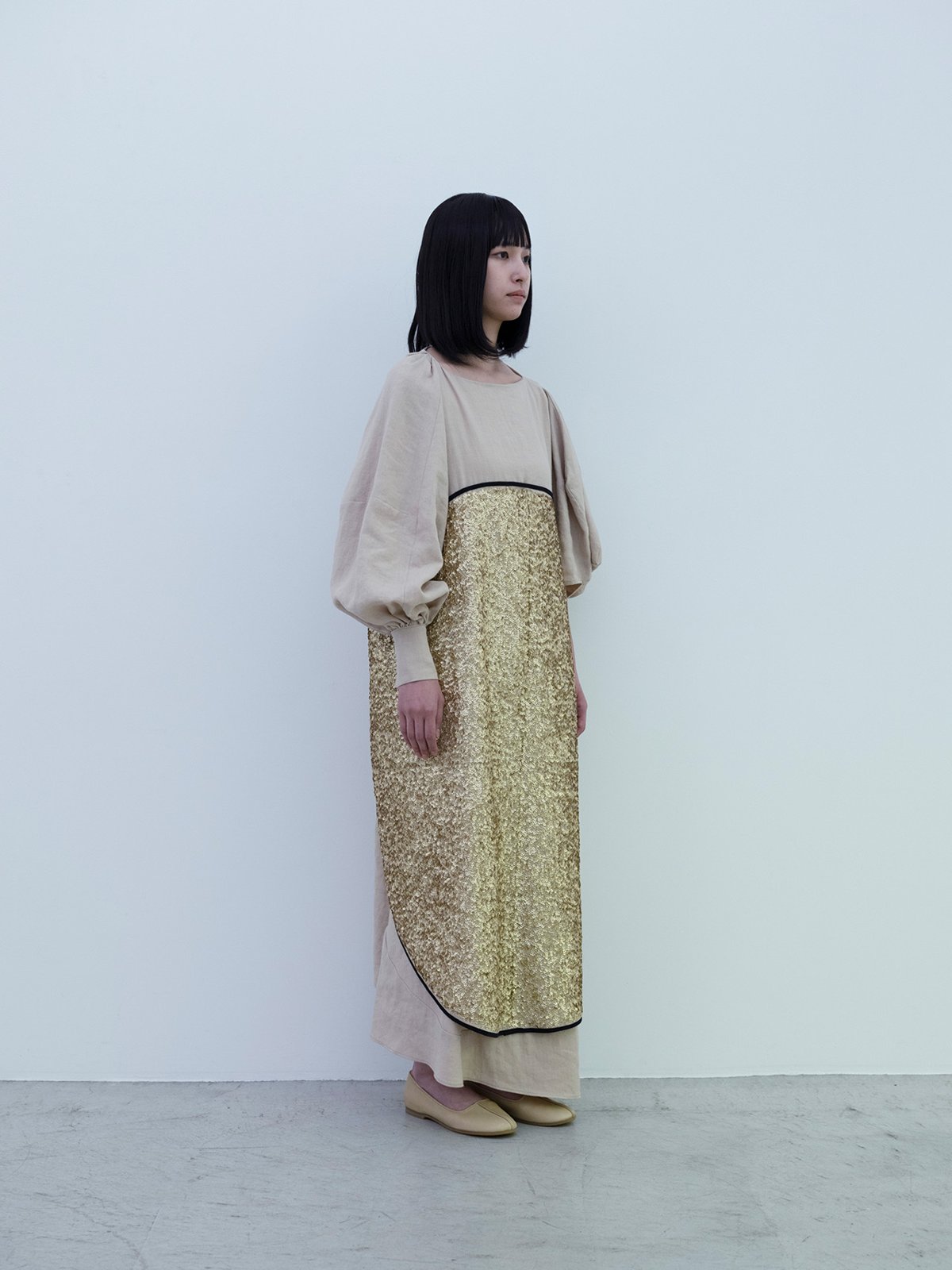 Light linen wool geometry dress with circle sequin, Deerskin folk shoes