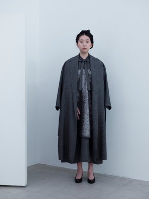 Linen wool sharkskin belted coat and Bowtie dress with circle sequin, Deerskin “koshin” folk pumps