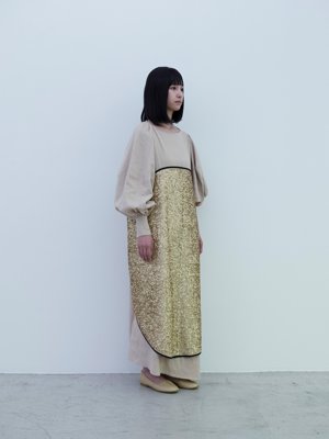 Light linen wool geometry dress with circle sequin, Deerskin folk shoes