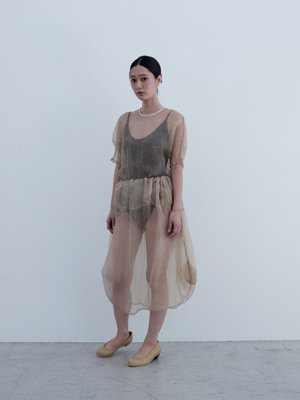 Beewax colored silk organdie dolman sleeve pullover and drawstring bag skirt, Mud-dyed nirvana soil colored leotard, Deerskin “koshin” folk pumps