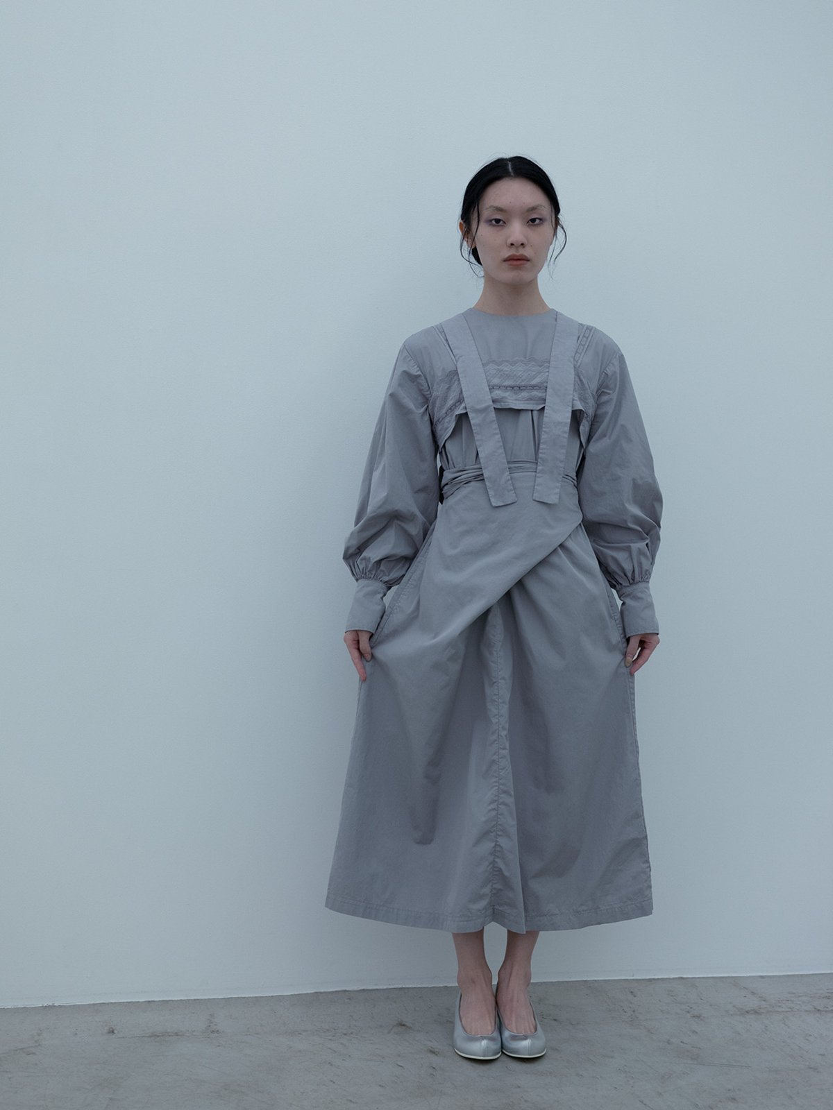 Suvin cotton broadcloth ash-violet-jade colored wrapped dress, Tasuki