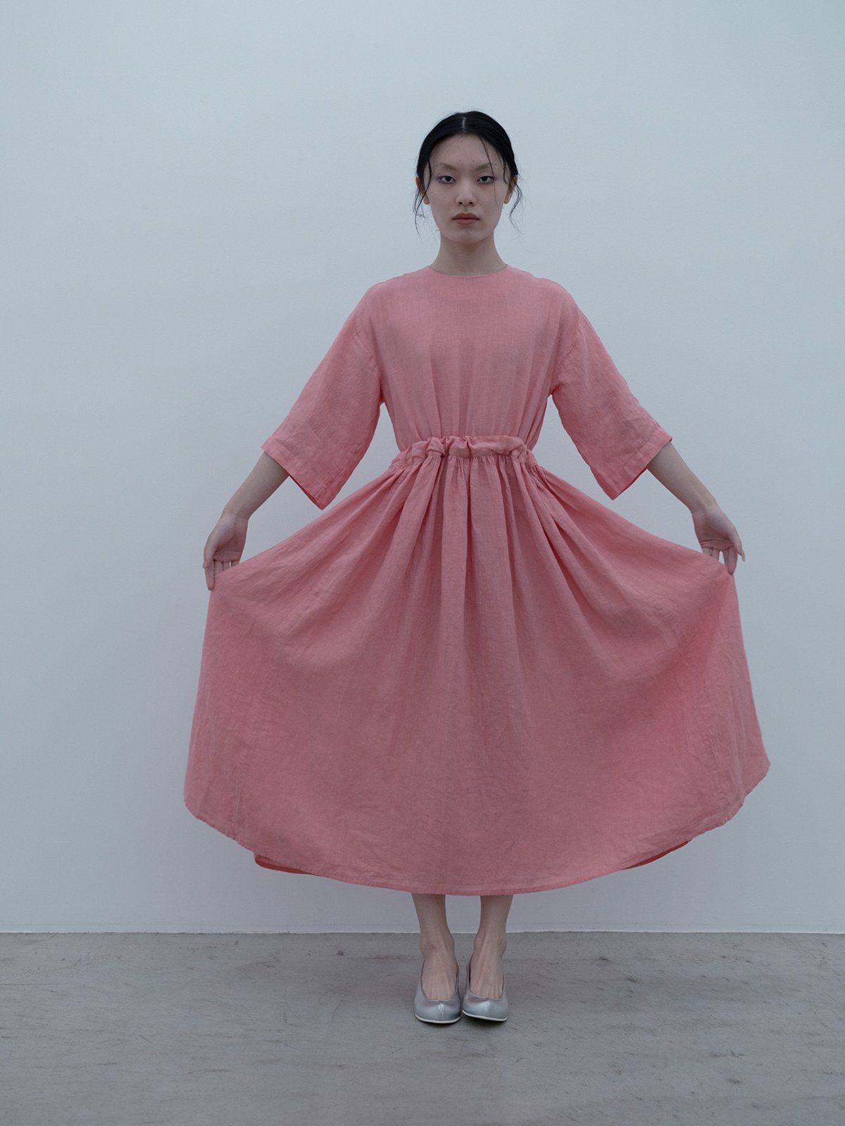 Old floral-patterned linen peach-jade colored farmer dress