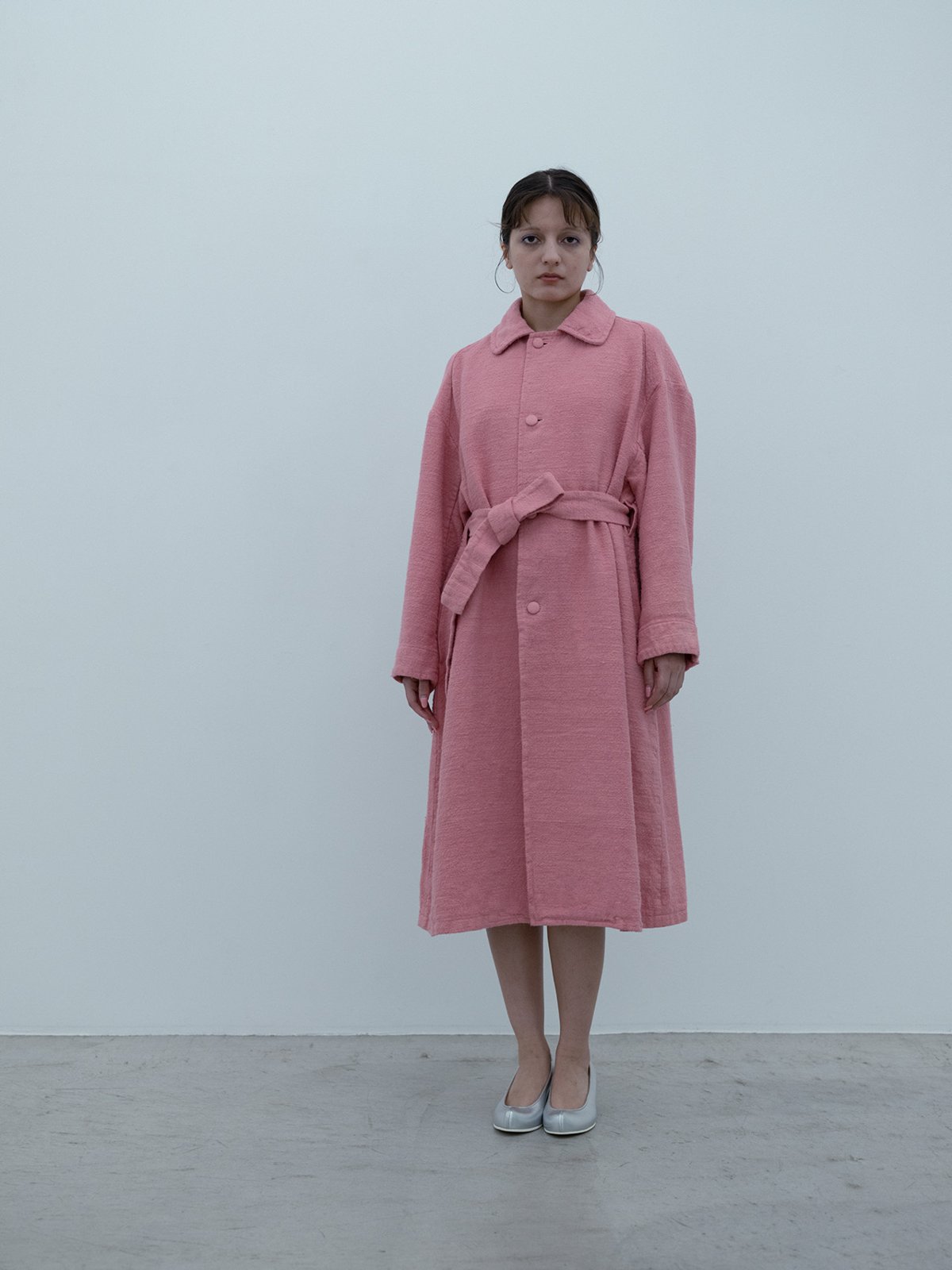 Cotton linen peach-jade colored garabou belted coat