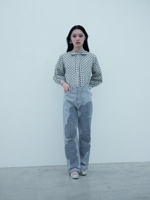 Old owlish floral-patterned bowtie shirt, Scaled patchwork jeans