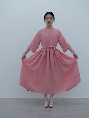 Old floral-patterned linen peach-jade colored farmer dress