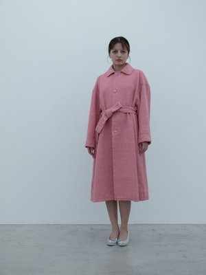 Cotton linen peach-jade colored garabou belted coat