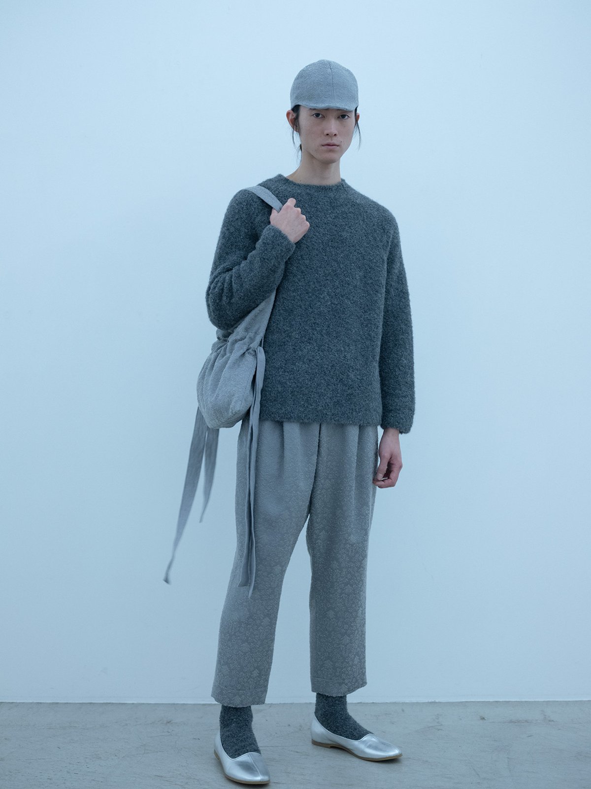 Alpaca loop knit sweater, Arabesque silk wool folk pants, shoulder bag and folk cap